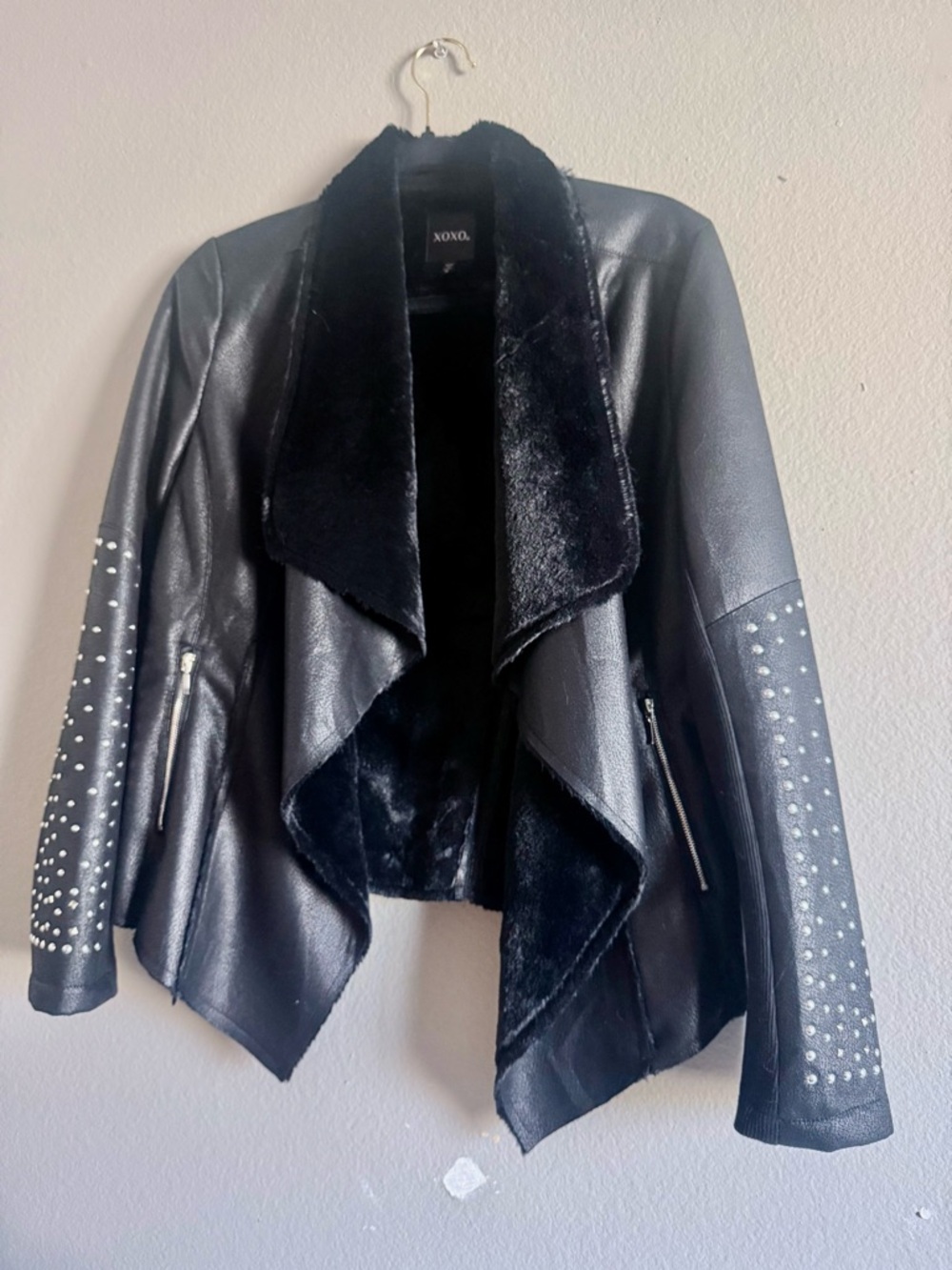 XOXO Black Faux Leather Jacket with Studded Sleeves